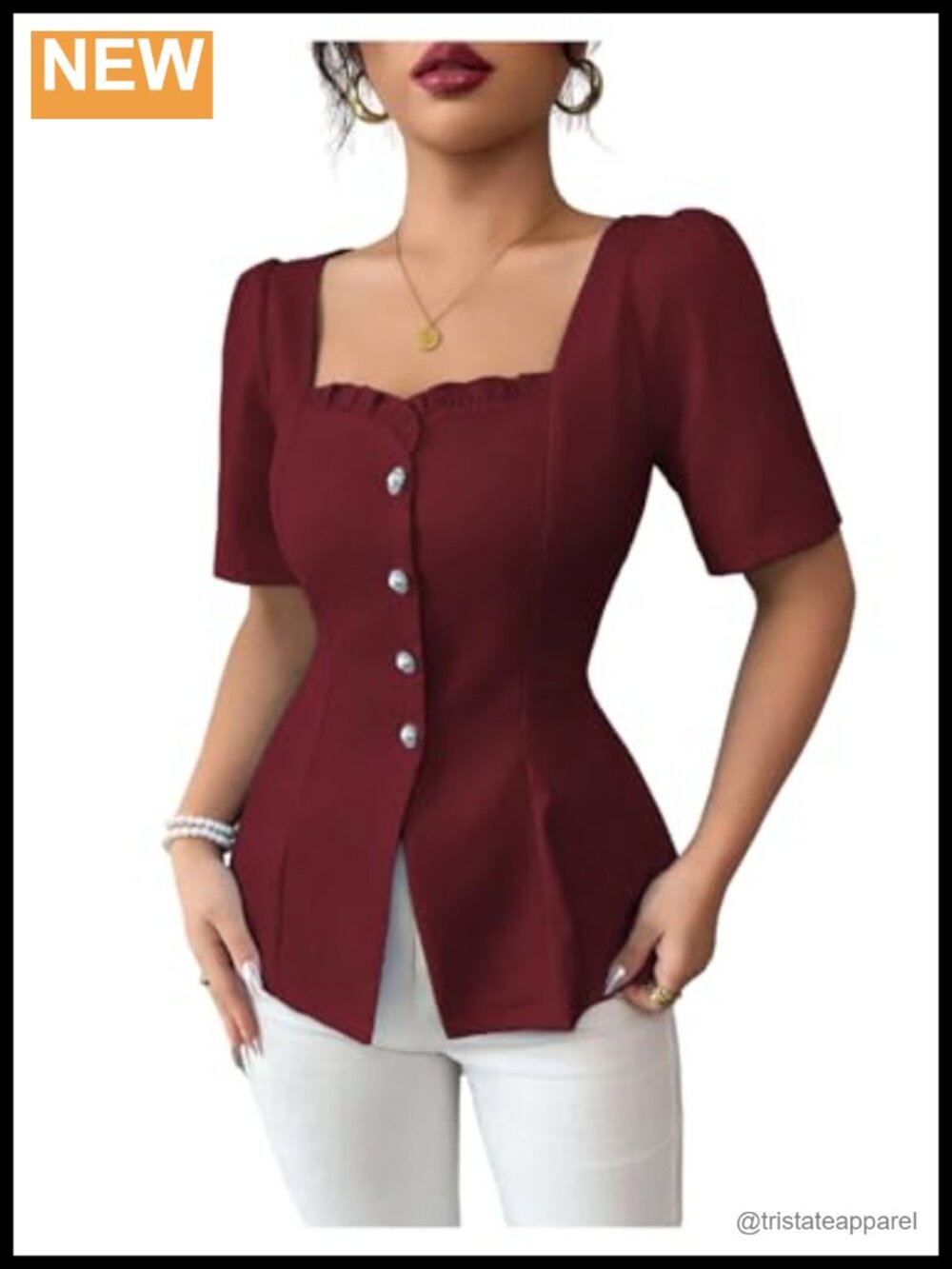 Elegant Puff Sleeve Peplum Square Neck Blouse Flare Hem Dressy Casual Top